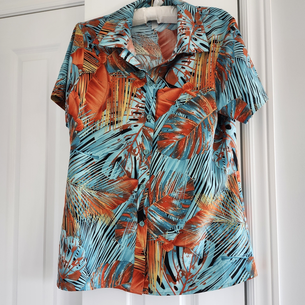 Hawaiian T Shirt Button Up Button Down Collar Tropical Print Teal Orange Small